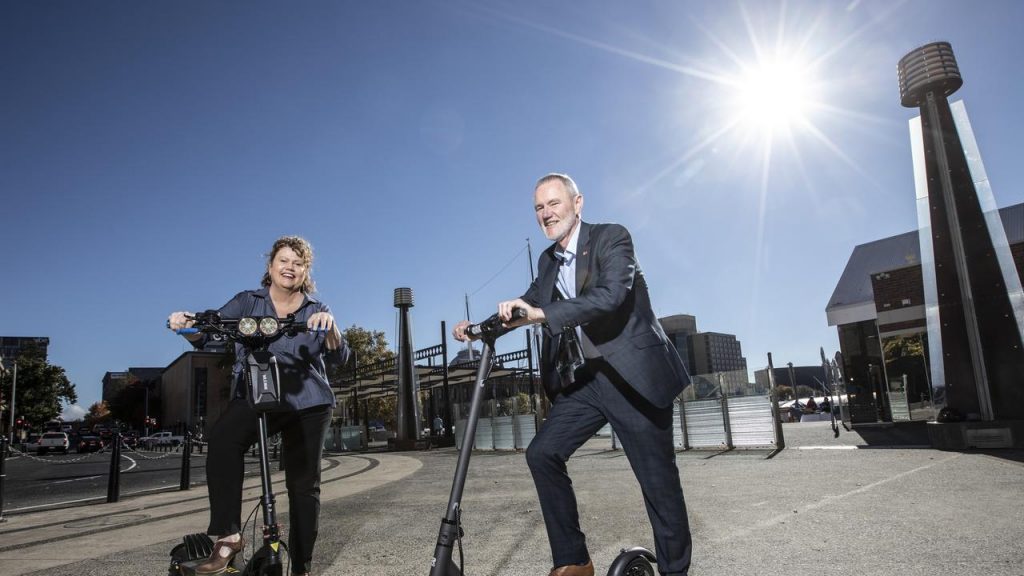 4one4 Property Co | E-scooter Trial | Hobart Lord Mayor, Anna Reynolds, and Launceston, Mayor Albert van Zetten, announcement of interest in E-scooter Trial. Picture: Eddie Safarik