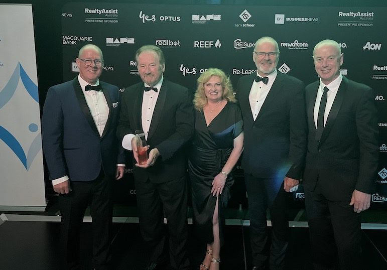 4one4 Property Co | 2023 REIA National Awards for Excellence | [from left to right] Hayden Groves (REIA President), Chris McGregor, Julie McGregor, Michael Walsh, and Adrian Kelly